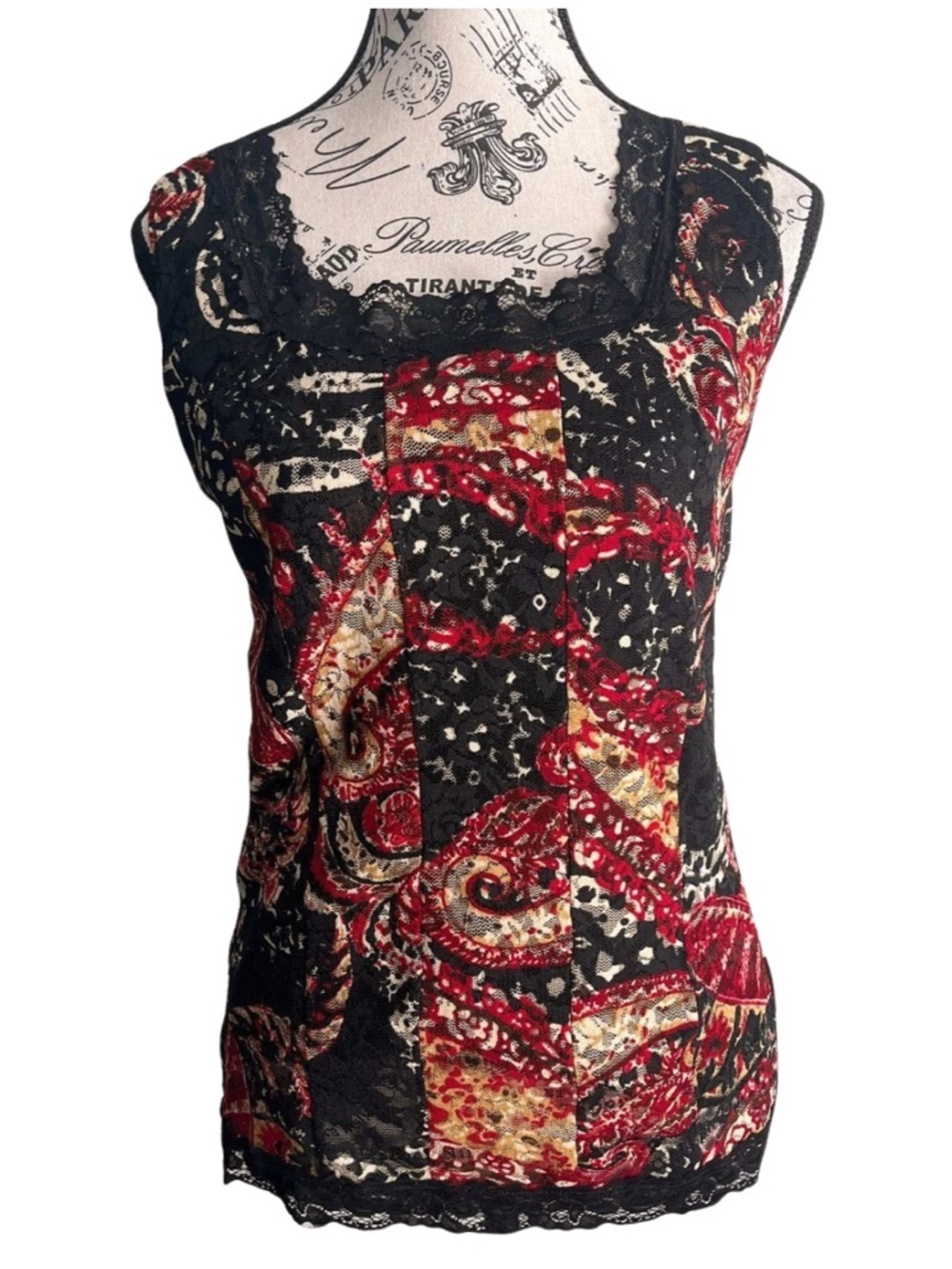 Serenade Y2K Black Red Lace Paisley Top Small – Whimsigoth Patchwork Mesh